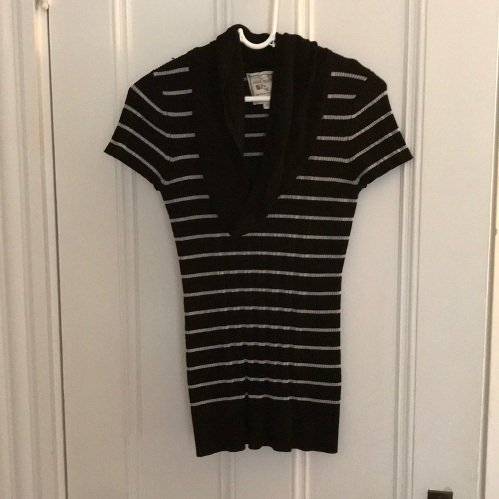 Black and grey striped cowl neck short sleeve